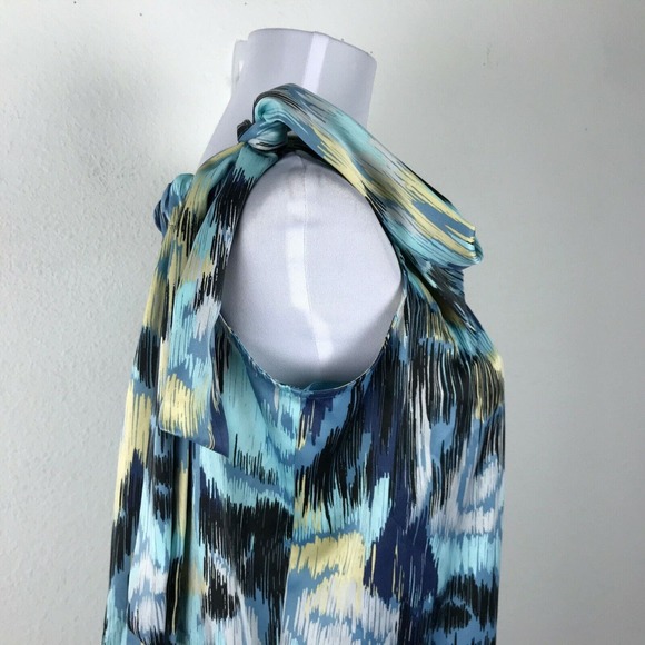 BCBGeneration Watercolor Print Tie Shoulder Sleeveless Blouse Blue‎ Yellow Sz M - Picture 7 of 7